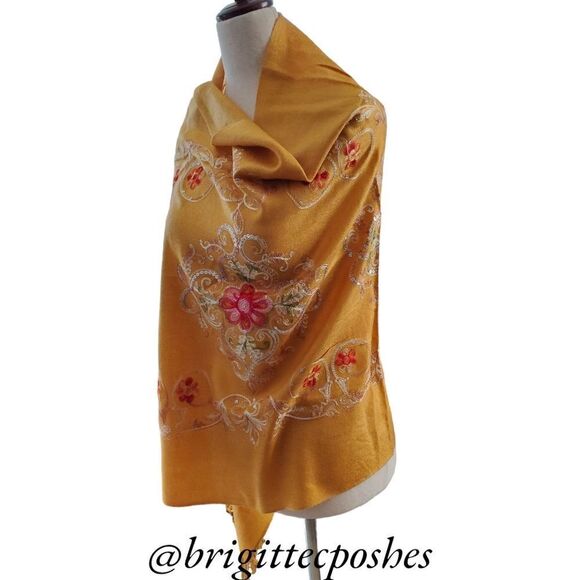 HANDMADE Embroidered Sequined Designed Mustard Shawl - Picture 3 of 12